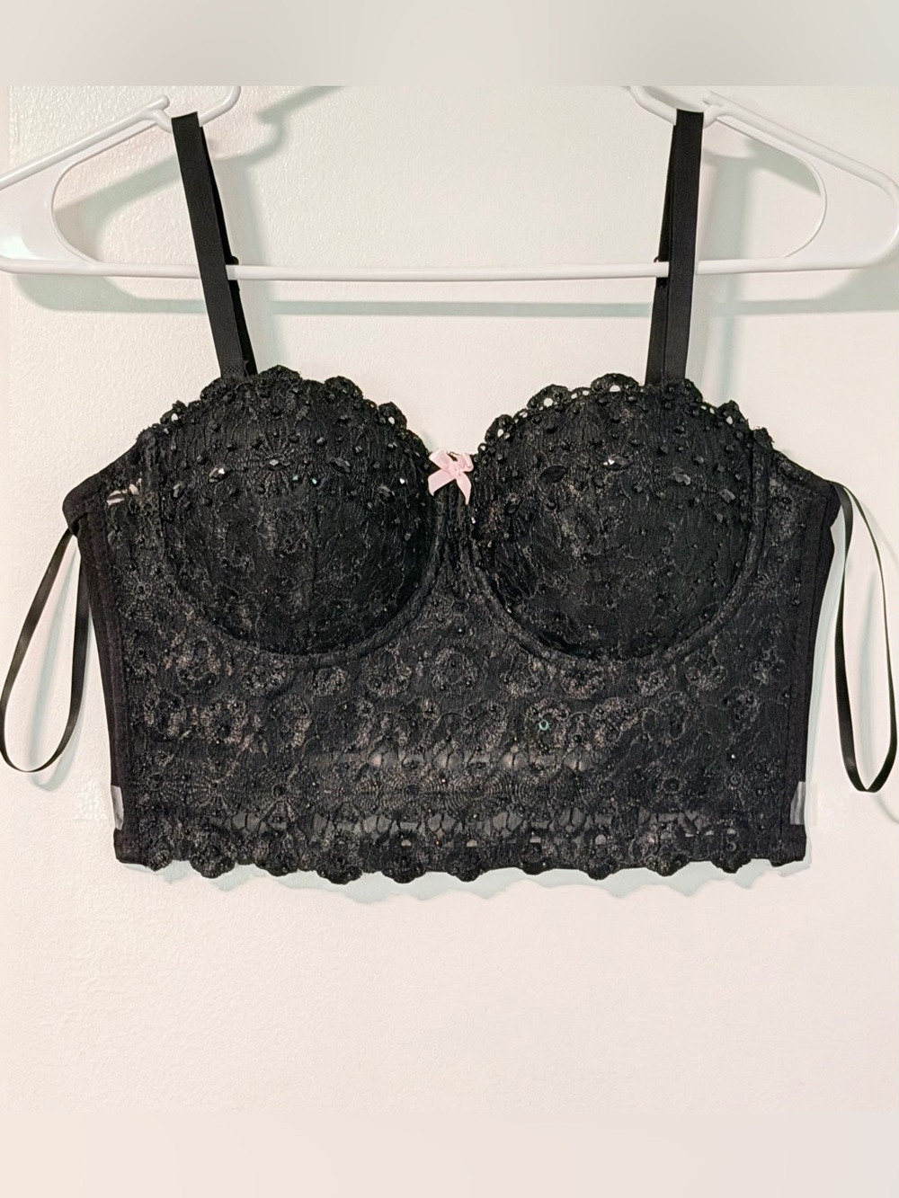 Black Lace Bustier Bralette w/Pink Bow Accent